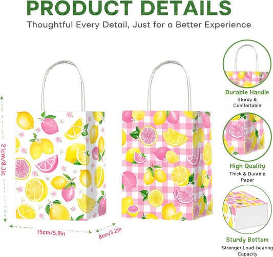 Pink and Yellow Lemonade Party Favor Bags 12Pcs Summer Lemon Theme Gift Bags with Handles for Birthday Decorations, Baby Shower Supplies Citrus Fruit Goodie Bags Decor