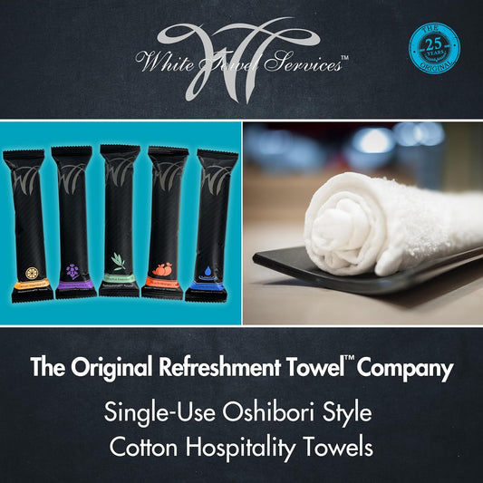 8" x 8in Moist Cotton Towel Individually Wrapped - Lemon and Peach-Mango (Case of 100) - Single-Use Oshibori Style Cotton Hospitality Towels