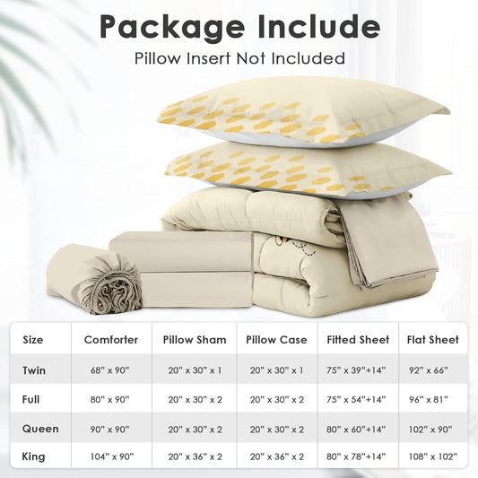 7Pcs Comforter Set Queen Size, Honey Bee Themed Yellow Sunflower, Bedding Decor Cute Daisy Flower Bumble Honeycomb Bedroom Bed Set Flat Fitted Sheet Pillowcases Shams for Kids and Adults