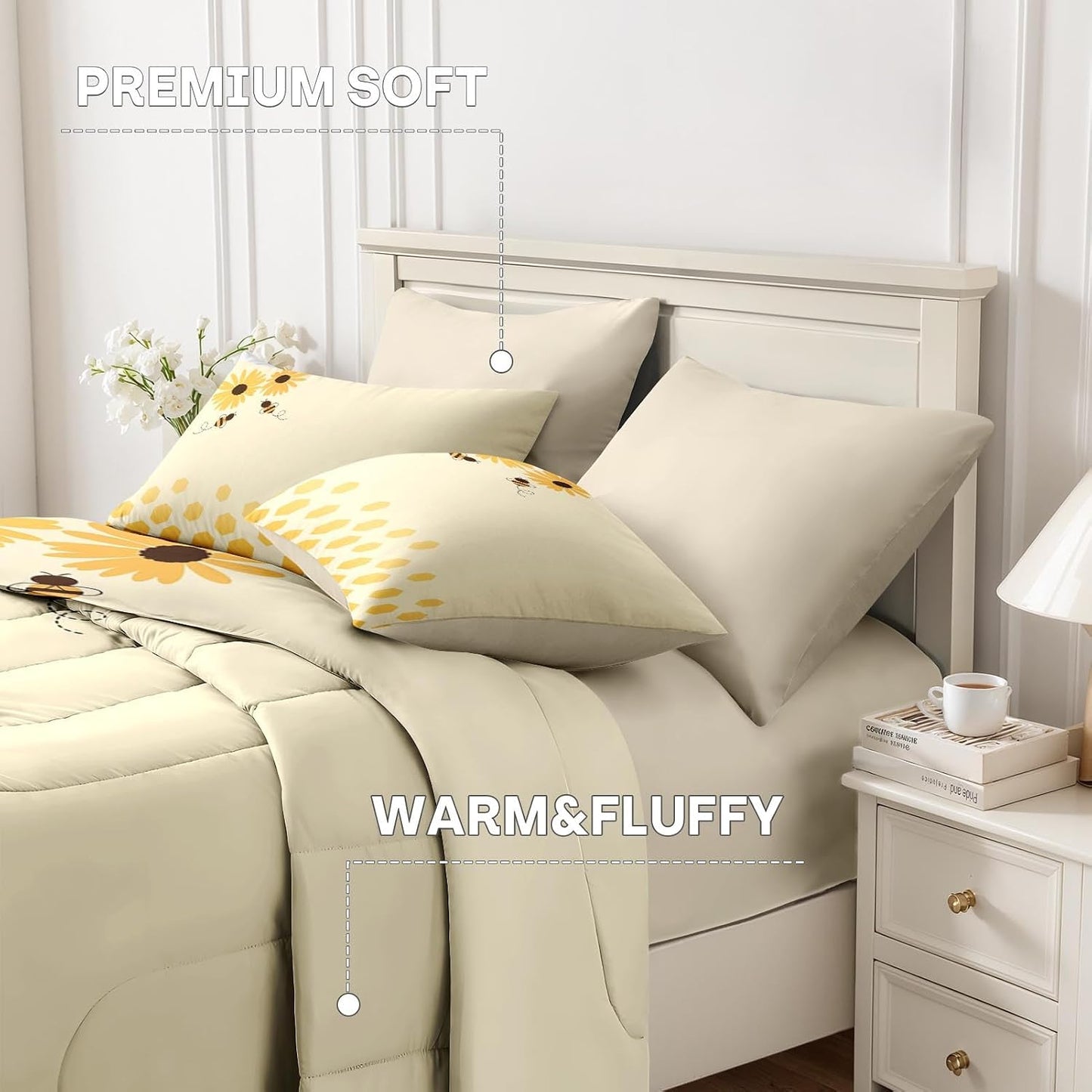 7Pcs Comforter Set Queen Size, Honey Bee Themed Yellow Sunflower, Bedding Decor Cute Daisy Flower Bumble Honeycomb Bedroom Bed Set Flat Fitted Sheet Pillowcases Shams for Kids and Adults