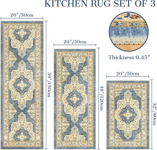 Boho Non-Slip Washable Kitchen Rug Set of 3, Soft Thick Stain Resistant Kitchen Floor Mats, Yellow & Blue Farmhouse Decor Rugs for Sink Front, Hallway, Bathroom, Entryway, Laundry Room
