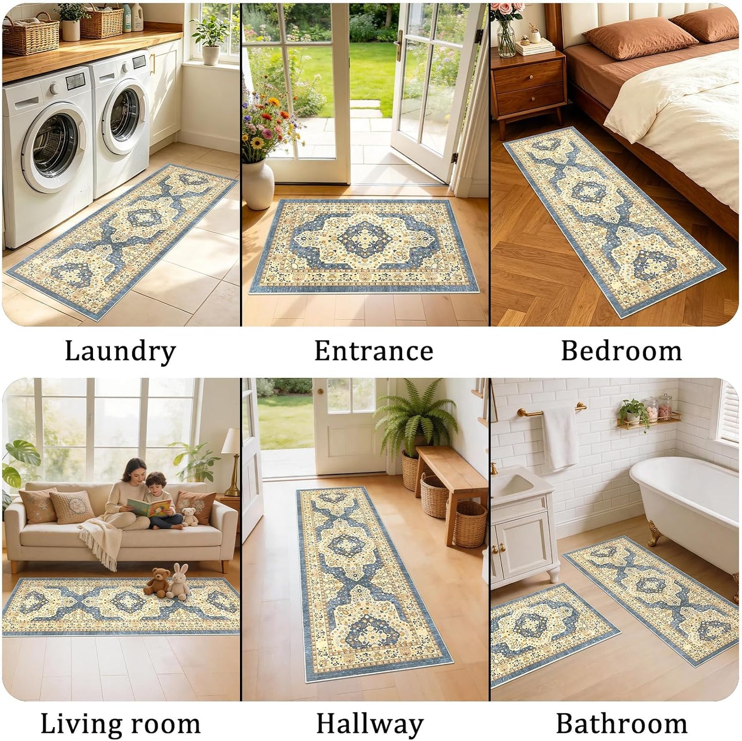 Boho Non-Slip Washable Kitchen Rug Set of 3, Soft Thick Stain Resistant Kitchen Floor Mats, Yellow & Blue Farmhouse Decor Rugs for Sink Front, Hallway, Bathroom, Entryway, Laundry Room