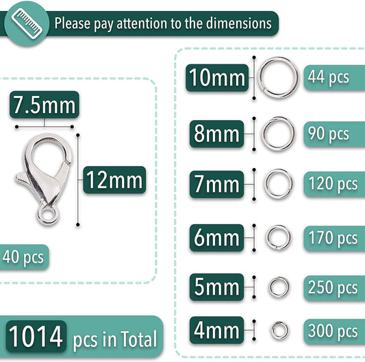 Open Jump Rings Set, 1014 pcs | Silver Metal Jump Rings with Lobster Clasps, 6 Assorted Sizes (4β10 mm), Jewelry Making Findings for DIY Crafts, Bracelets
