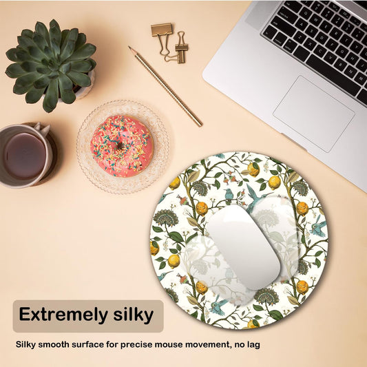 Botanical Lemon Tree Round Mouse Pad, Chinoiserie Bird Mouse Pads Desk Accessories for Computers Laptop Desk Home Office Dorm, Bird Lovers Gift for Women, 8.7x8.7 inches