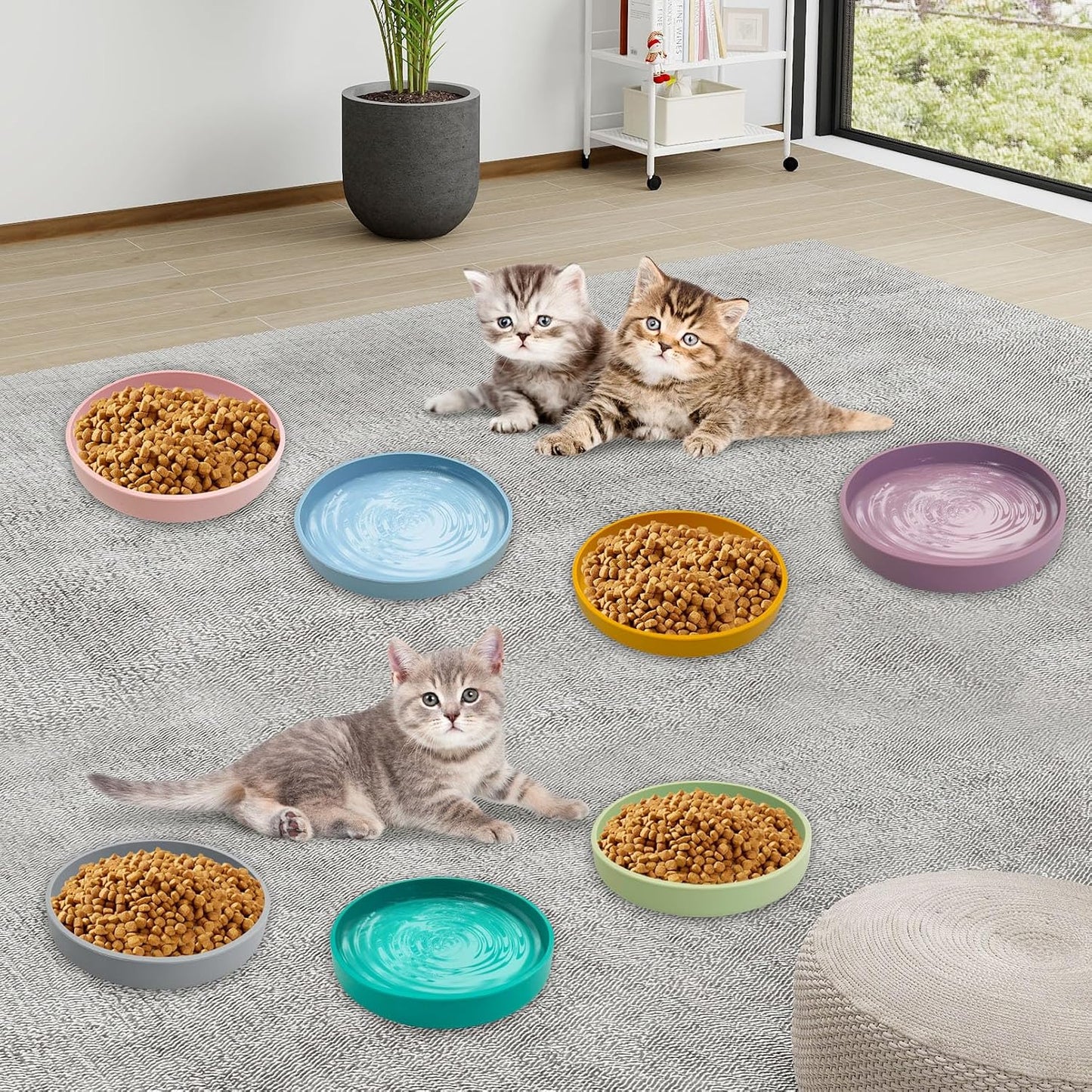 Silicone Cat Food Bowls Shallow Cat Dishes 5.9in Wide Pet Plates Set of 2 Small Flat Dog Saucer Bowl Cute Whisker Fatigue Kitten Feeding Dish for Dry Food & Wet Food (Round Yellow)