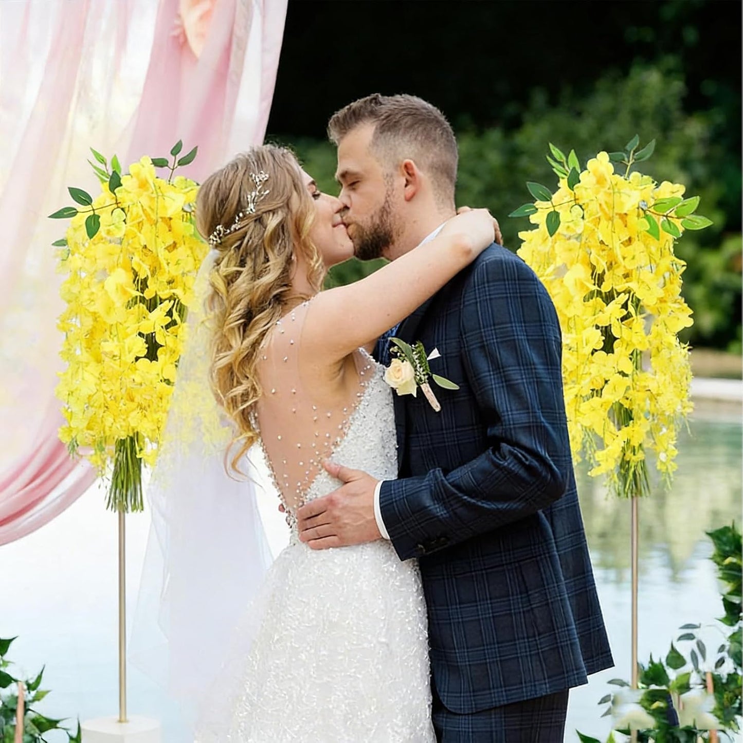 Artificial Wisteria Flowers, White Dense Artificial Fake Wisteria Vine Ratta Hanging Garland Silk Flowers String for Home Party Wedding Decor (24pcs-Yellow)