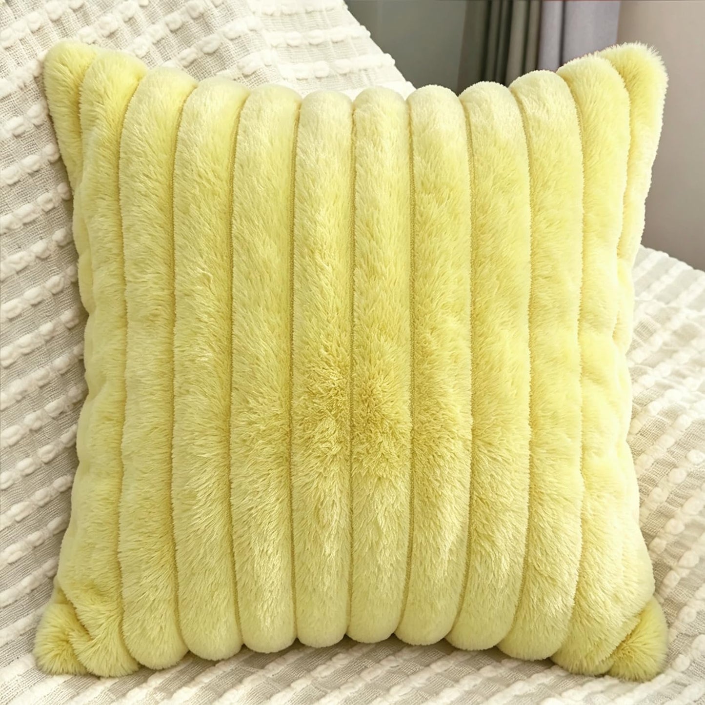 2 Pack 18x18 Pillow Cover Velvet Pillow Covers, Faux Fur Square Throw Pillow Covers for Living Room Decorations Throw Pillow Case, Throw Pillow Cover Cushion Cover for Sofa Bedroom Car, Lemon Yellow