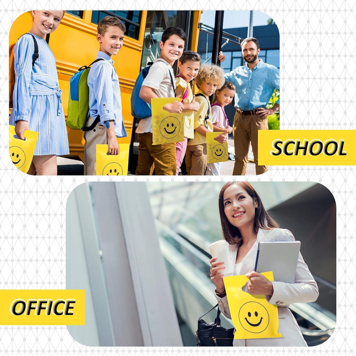 300 Pieces Smile Face Gift Bags 6" x 8" Plastic Party Favors Goodie Treat Bags Bulk with Handle for Kids Birthday Party Classroom School Supplies(Yellow)