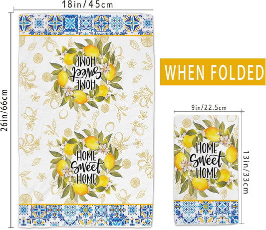 Lemon Kitchen Towels, Lemon Mediterranean Dish Towels Set of 2, Farmhouse Home Sweet Home Kitchen Decor, Summer Yellow Decorative Hand Tea Towels for Housewarming (18x26 Inches)