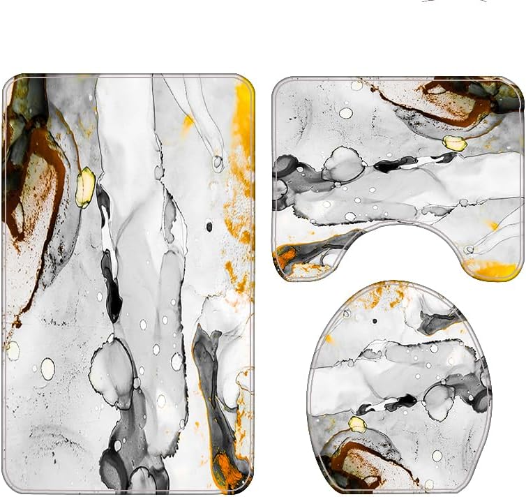 Marble Bathroom Sets with Rugs for Bathroom Decor, 72x72 Inches Gold Shower Curtain with Non-Slip Rugs and Accessories, Waterproof Machine Washable Bath (Curtain Set-Yellow Gray Marble13)