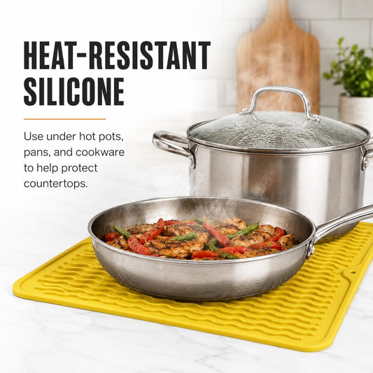 Silicone Drying Mat, 16"x12" - Grooved Design, Heat-Resistant, Non-Slip, BPA-Free - For Dishes, Cutlery, Pots, Pans (Yellow)