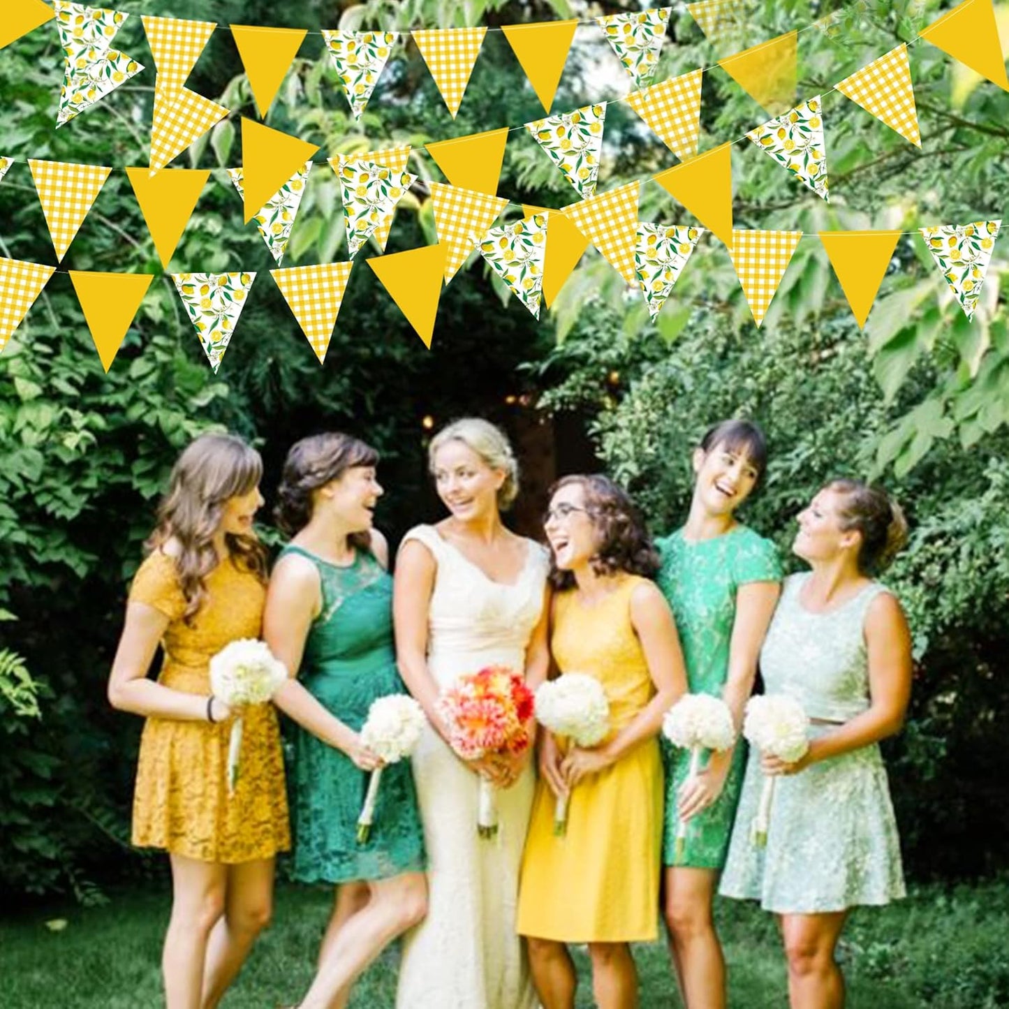 44 Ft Lemon Party Decorations Yellow Plaid Floral Lemon Banner Bunting Hanging Paper Triangle Garland Streamer for Wedding Bridal Shower Engagement Bachelorette Birthday Party Supplies