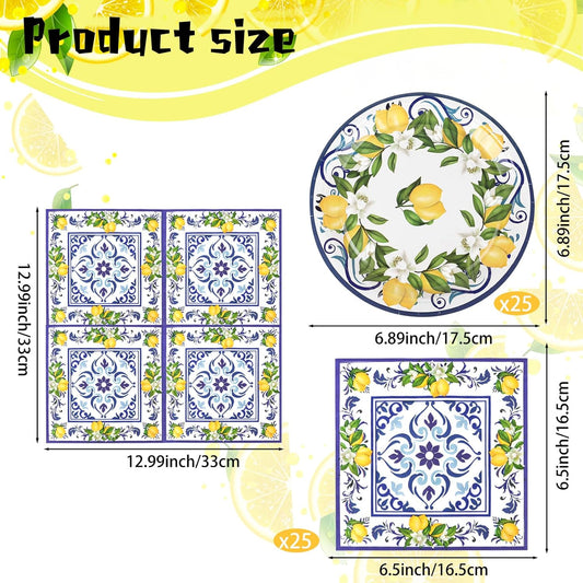 50 Pcs Lemon Plates and Napkins Party Supplies Blue Tiles Mediterranean Party Decor Disposable Tableware Sets for Summer Birthday Baby Shower Party Decorations Supplies for 25 Guests