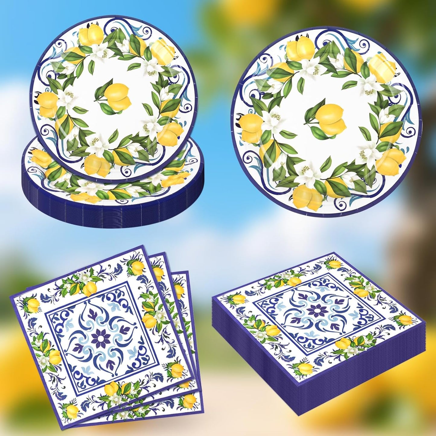 50 Pcs Lemon Plates and Napkins Party Supplies Blue Tiles Mediterranean Party Decor Disposable Tableware Sets for Summer Birthday Baby Shower Party Decorations Supplies for 25 Guests