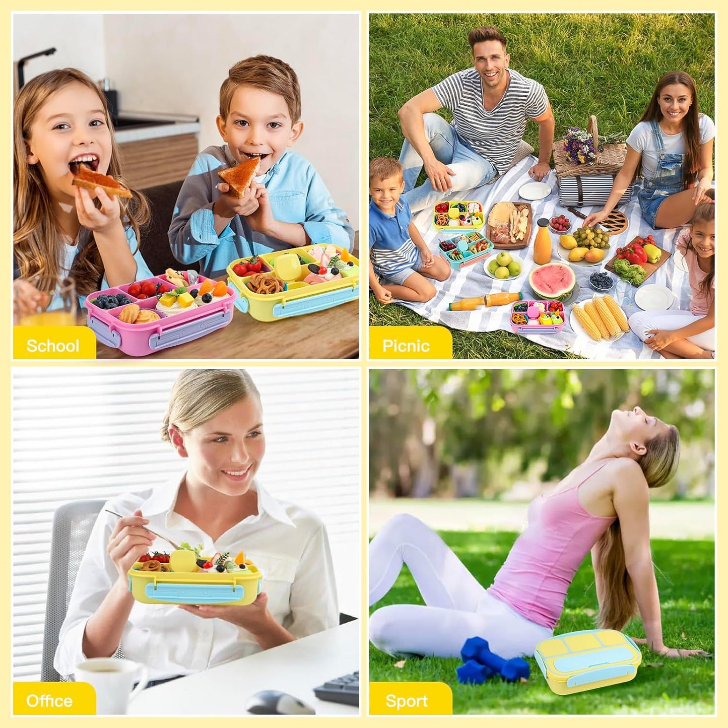 Bento Lunch Box for Adults/Kids/Students - 1300ML 4-Compartment Container (Yellow)