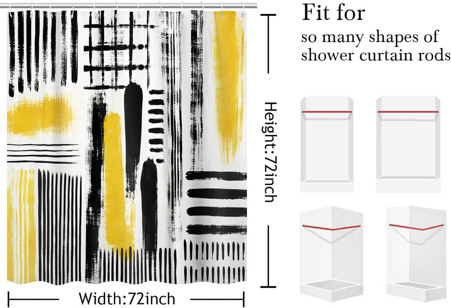 Yellow Abstract Geometric Shower Curtain, Black and Yellow Boho Modern Aesthetic Art Shower Curtains for Bathroom, Oil Painting Neutral Abstract Art Bathroom Decor, with Hooks 72x72 Inch