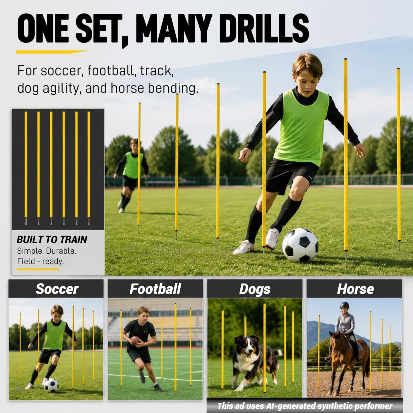 6 Pcs 5FT Adjustable Agility Training Poles for Soccer,Basketball,Football,Dog,Horse Training-Speed and Agility Training Equipment Sports Training Sticks with Stainless Steel Ground Nails