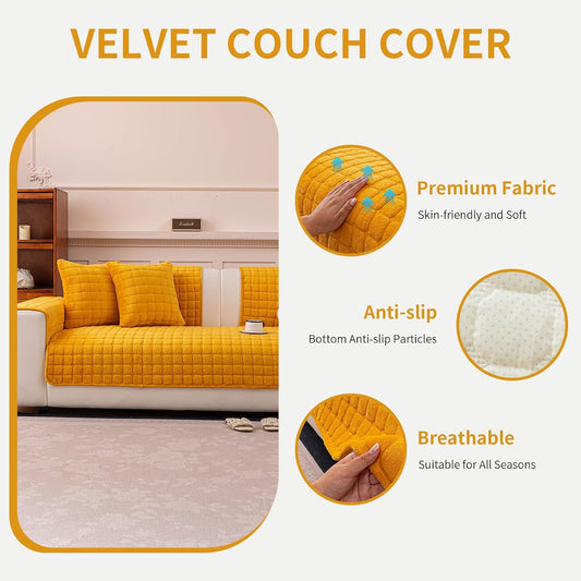 Velvet Couch Cover, Plush Sectional Sofa Cover Washable, Anti Slip Sofa Slipcover for 2-3 Cushion Sofas, Furniture Protector Covers for Pets & Kids(1PC,Mustard Yellow,36"Γ71")