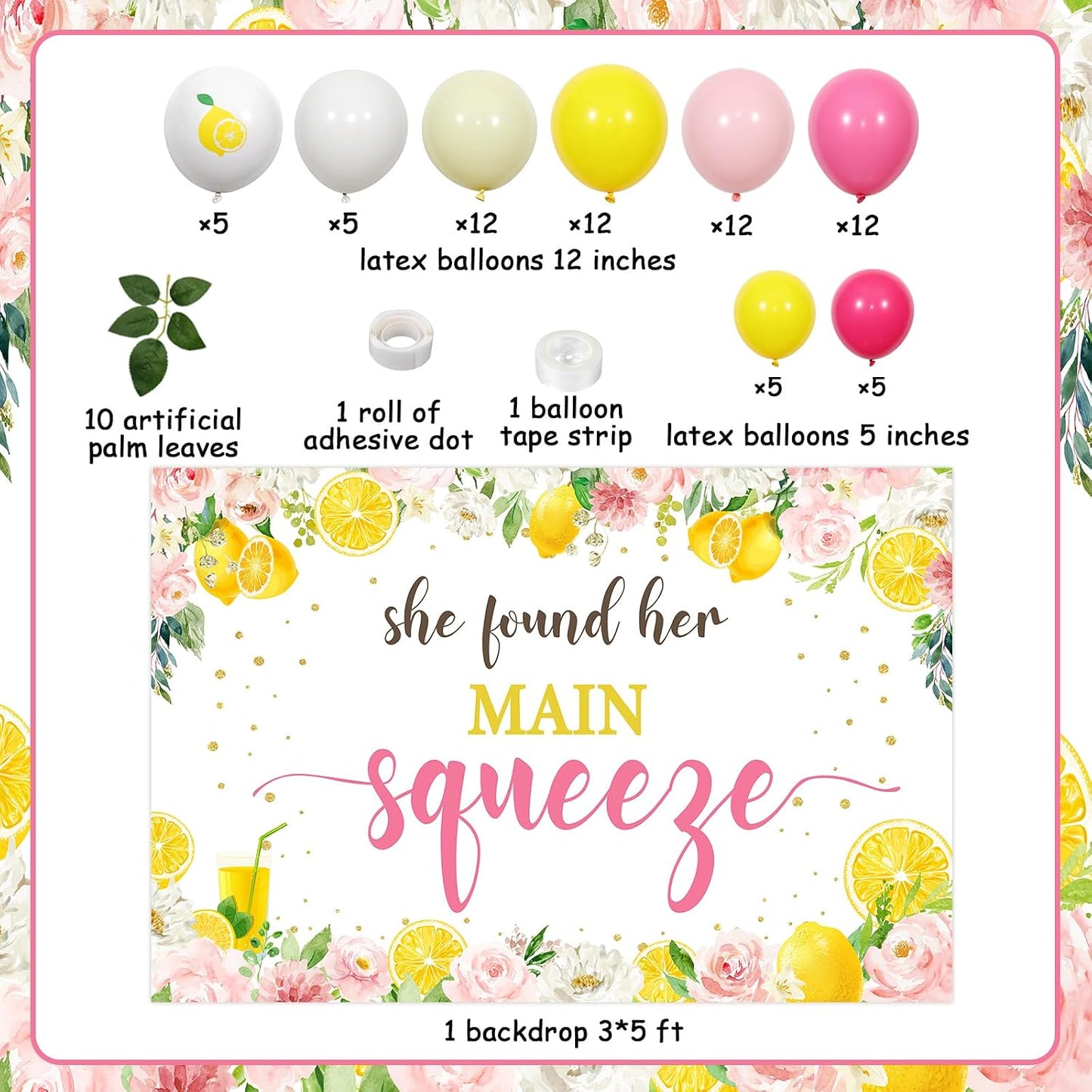 Lemon Bridal Shower Decorations, She Found Her Main Squeeze Decorations Backdrop, Balloons Arch Balloon Artificial Leaf for Lemon Themed Engagement Bachelorette