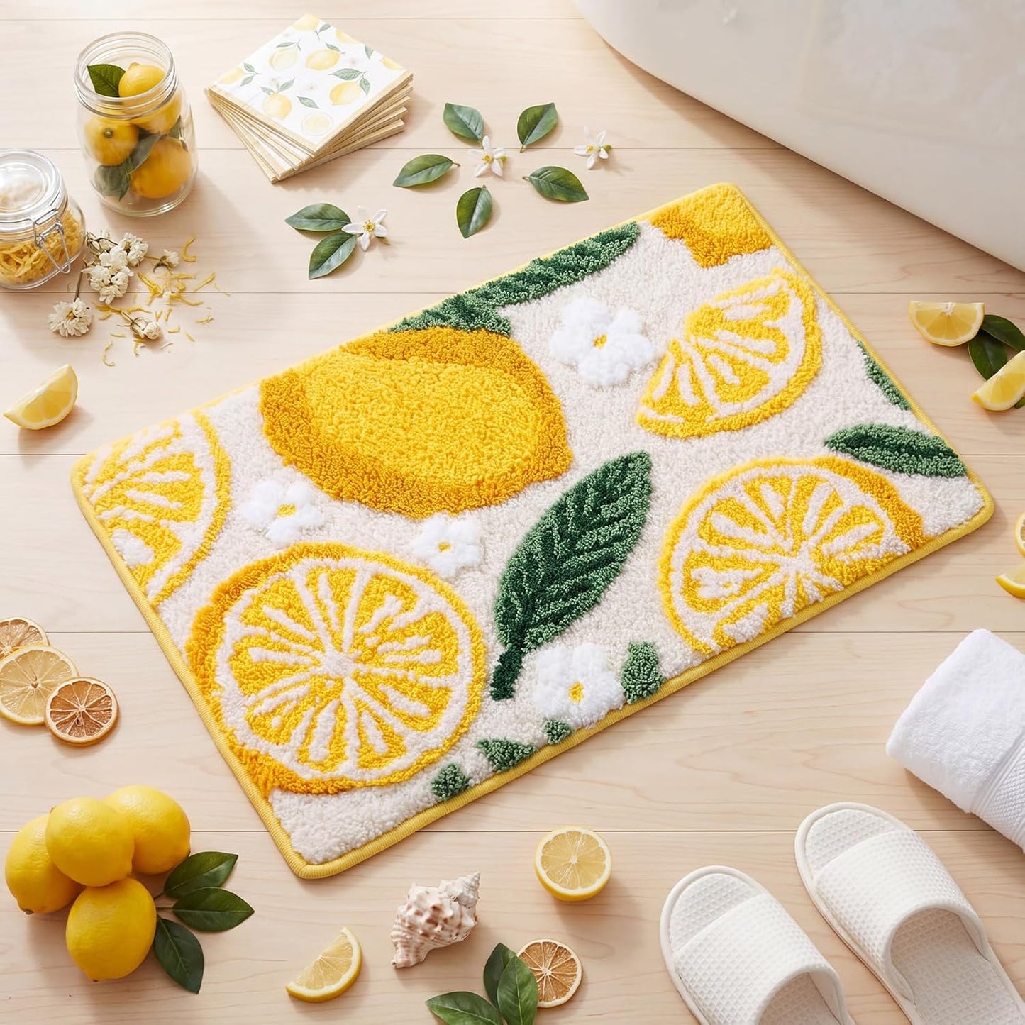 Yellow Lemon Bathroom Rug Cute Fruit Bath Mats 3D White Flowers Lemon Non Slip Soft Microfiber Absorbent Washable Rug for Bathroom Bathtub Shower Laundry Room Home Decor, 16x24 Inch