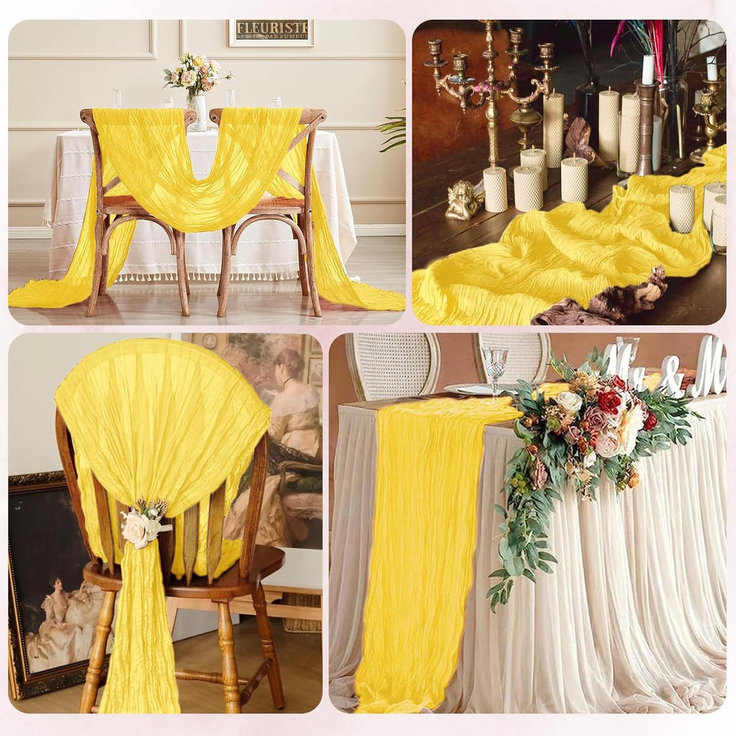 6 Pack Lemon Yellow Cheesecloth Table Runner 17x108 Inch Semi Sheer Boho Gauze Cheese Cloth Fabric Table Runners, for Wedding Party Baby Shower Birthday Home Decor Garden Farmhouse