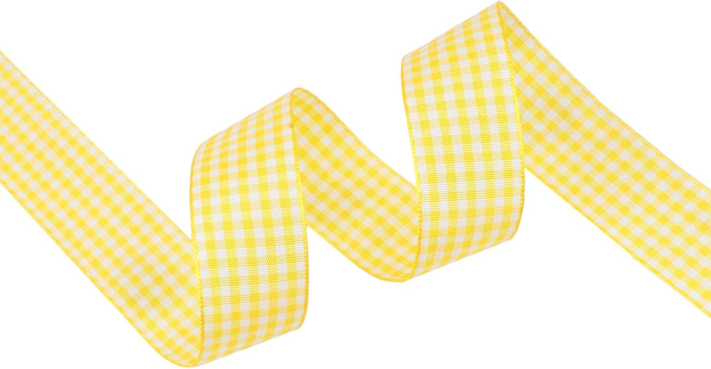 Yellow and White Gingham Ribbon, Each Roll Measuring 1 Inch Wide by 25 Yards Long, Featuring Polyester Woven Edges, Perfect for Gift Wrapping and Festive Party Decorations