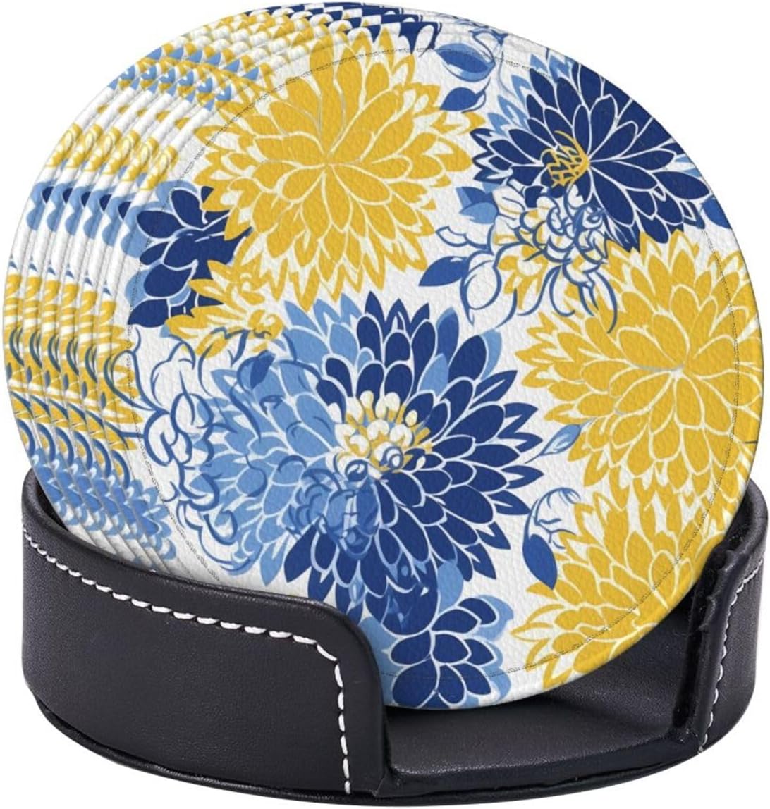 Flower Blue Floral Yellow Leather Coasters Set of 6 with Holders for Drinks Cups, 3.9" Round Coasters 6 Pcs for Coffee Bar Table Decor