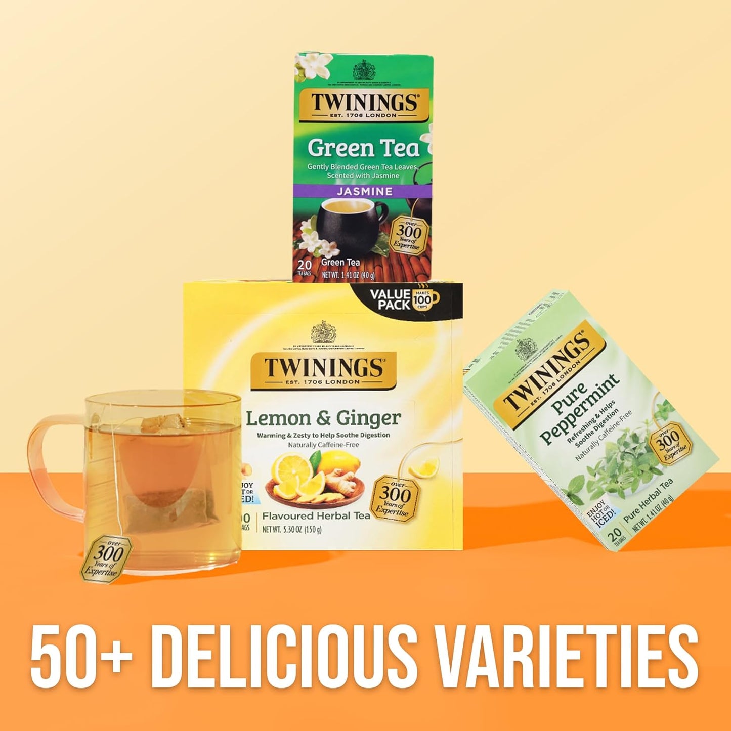 Lemon & Ginger Herbal Tea Individually Wrapped Bags, 100 Count (Pack of 1), Tangy Lemon, Spicy Ginger, Naturally Caffeine-Free, Enjoy Hot or Iced, 100 Teabags