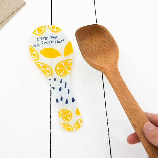 Pavilion - Every Day Is A Fresh Start - Lemon Patterned Glass 9.25" Spoon Rest Vintage Spring Yellow Kitchen Decor