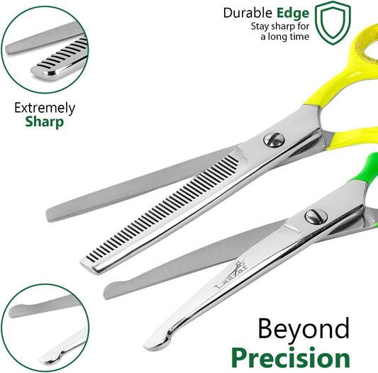 Laazar Dog Grooming Scissors Kit, Pet Grooming Scissors Set β Straight, Curved & Thinning Shears | Grooming Scissors for Dogs at Home | Safety Round Tips, Colorful Handles