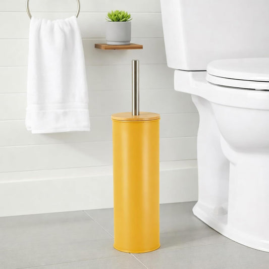 Mustard Yellow Metal Toilet Brush and Holder Set with Bamboo Lid, Modern Bathroom Accessory Set for Deep Cleaning, Compact Design, Durable Bristles, Easy Grip Handle, Splash Guard, Steel Finish