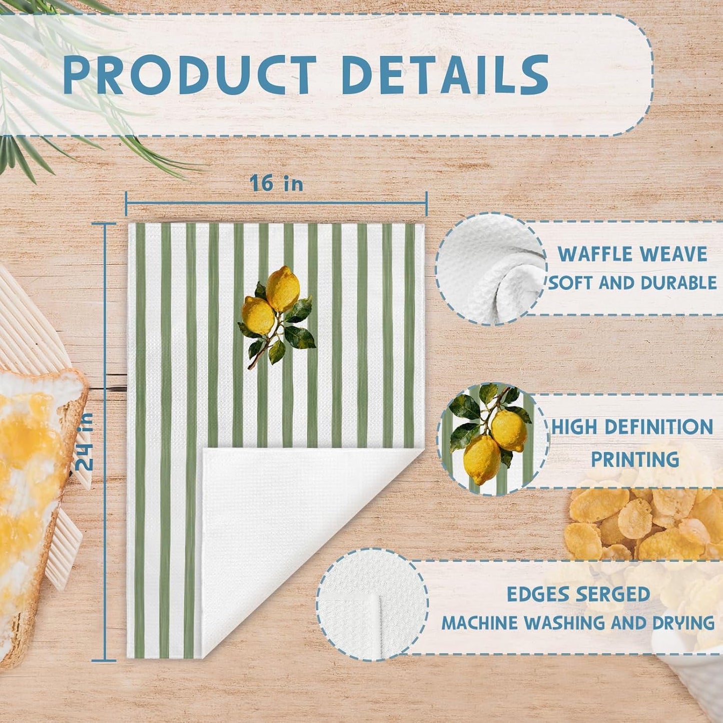 Rustic Lemon Kitchen Towels Set of 2, Farmhouse Yellow Lemon Botanical Hand Towels for Bathroom Kitchen Decor, Summer Fruit Sage Green Striped Dish Tea Towel, 16x24 Inch