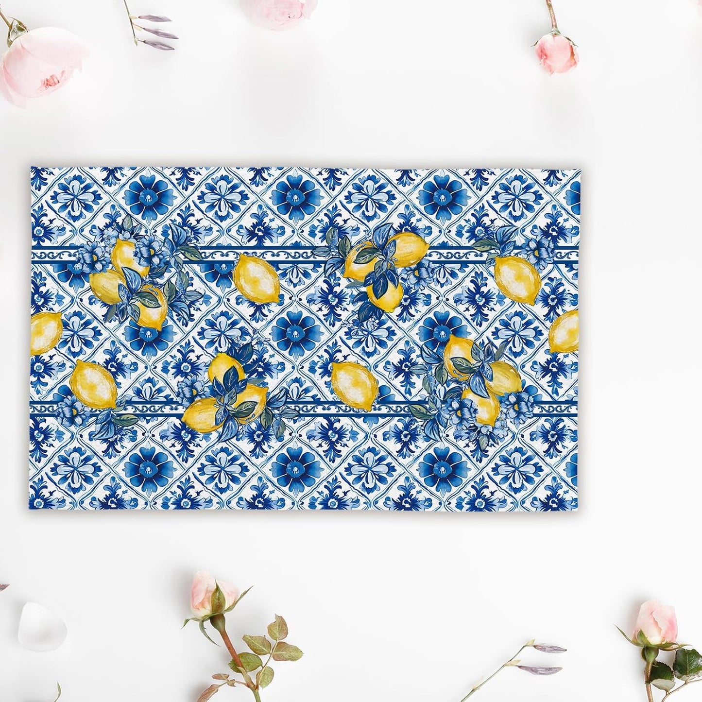 Summer Amalfi Coast Lemon Floral Kitchen Towels, Porcelain Dish Towels Set of 2, Blue and White Chinoiserie 18 x 26 Inch Hand Towel Quick Drying Dishcloth Decor for Kitchen Bathroom Home