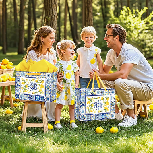 Blue Tiles Lemon Gift Bags Lemon Birthday Baby Bridal Shower Wedding Decorations Party Supplies Decor Favors with Wrapping Tissue Paper and Greeting Card Yellow Handles for Kids Boys Girls Men Women