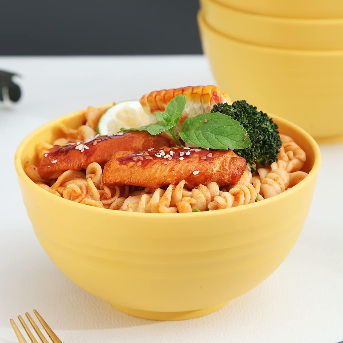 Cereal Bowls 4 Pieces, Unbreakable And Reusable Light Weight Bowl For Rice Noodle Soup Snack Salad Fruit Dishwasher Safe, Microwave Safe BPA Free (Gold Yellow)