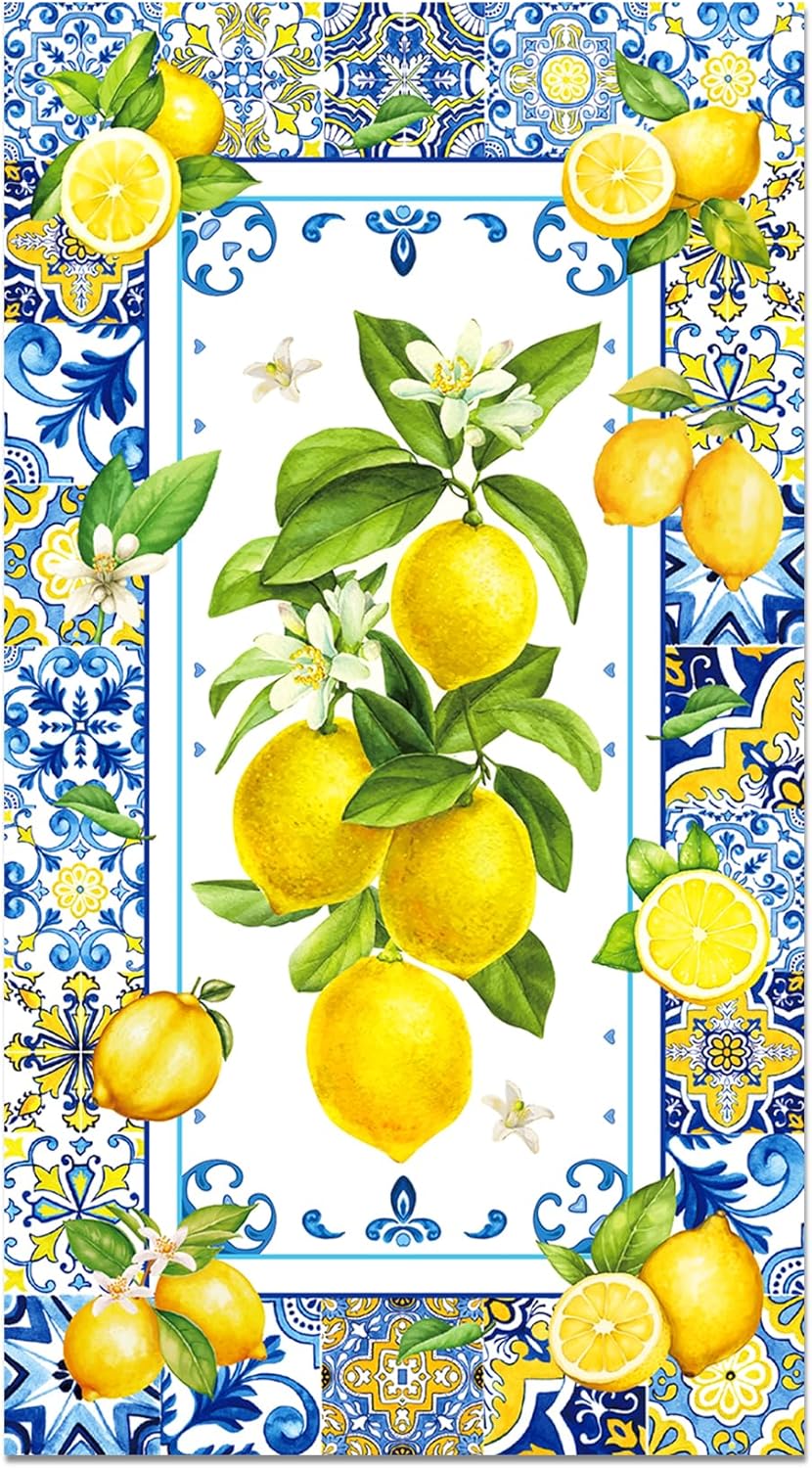 200PCS Lemon Paper Napkins with Blue Tile, Disposable Lemon Design Guest Napkins Decorative Hand Napkin Blue Yellow Summer Guest Towels for Bathroom Wedding Baby Shower Party Decoration, 4.5x8 Inch
