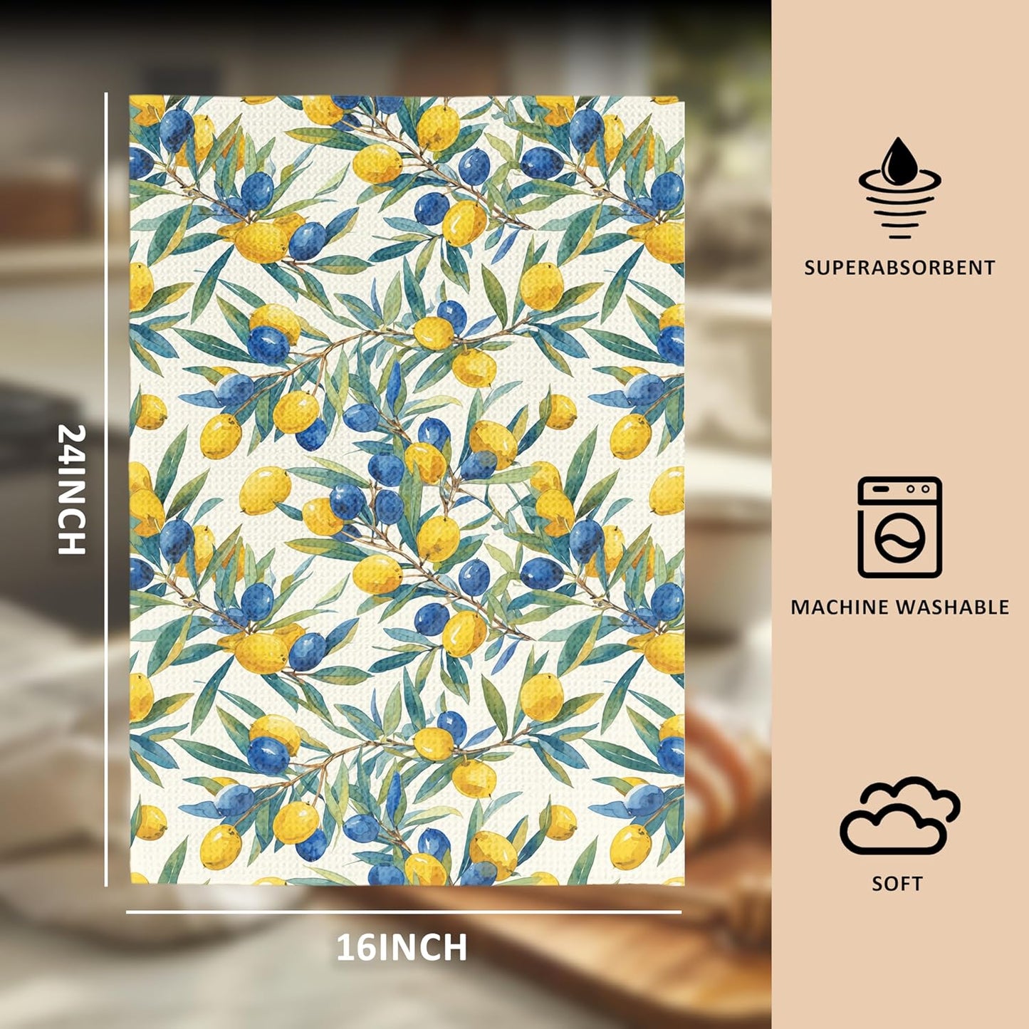 Mediterranean Sicilian Lemon Kitchen Towels 16x24 Inch, Chinoiserie Blueberry Lemon Tea Dish Towels for Kitchen Decor, Blue and White Striped Fruit Hand Towel Bathroom Decor, Set of 2