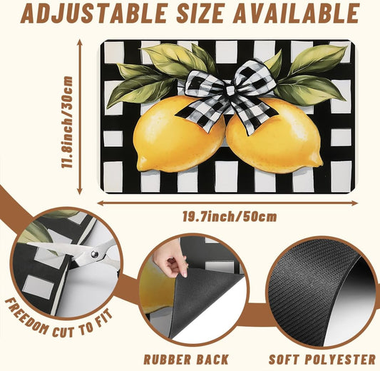 Lemon Dish Drying Mats 2 Pack Fruit Black White Checkered Bow Absorbent Draining Pad, Heat Resistant Drying Pad with Non-slip Rubber, Coffee Bar Mats for Coffee Machine Dish Rack 20"x12"