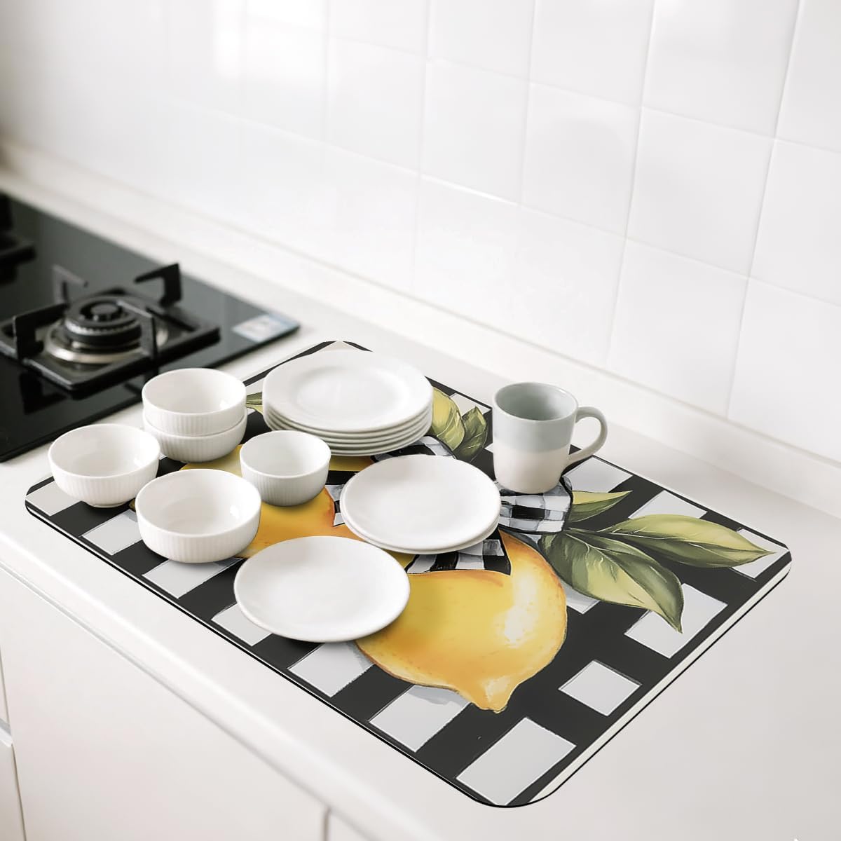 Lemon Dish Drying Mats 2 Pack Fruit Black White Checkered Bow Absorbent Draining Pad, Heat Resistant Drying Pad with Non-slip Rubber, Coffee Bar Mats for Coffee Machine Dish Rack 20"x12"