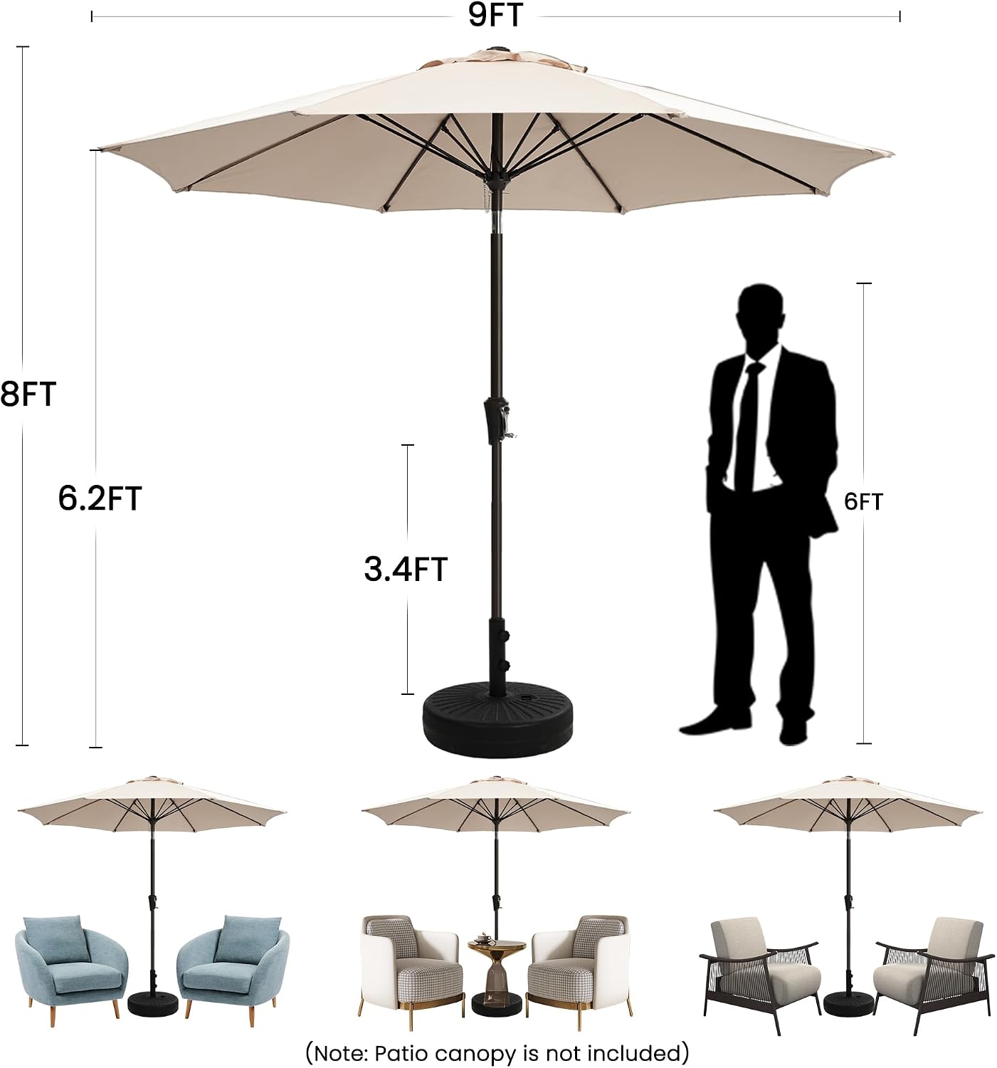 Patio Umbrella 9FT Outdoor Umbrella Patio for garden yellow | Fiberglass ribs rust-proof pole. Push-button tilt & crank. UPF50+ waterproof canopy. For garden, deck, patio, and pool.