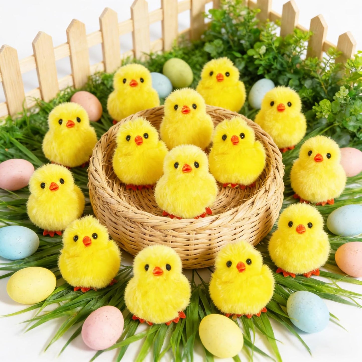 12 Pcs Easter Fluffy Chicks,3.4 Inch Yellow Soft Plush Chicks Figurines,Mini Furry Chicks for Home Easter Basket Stuffers Party Favors Decors