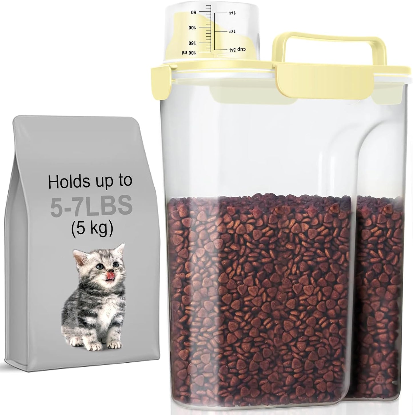 5-7Lbs Cat Dog Storage Container, Portable Pet Food Containers with Upgraded Large Spout and Cup, Small Animal Kibble Dispenser for Bird Seed, Oatmeal, Rice, Flour, Brown Sugart-Light Yellow