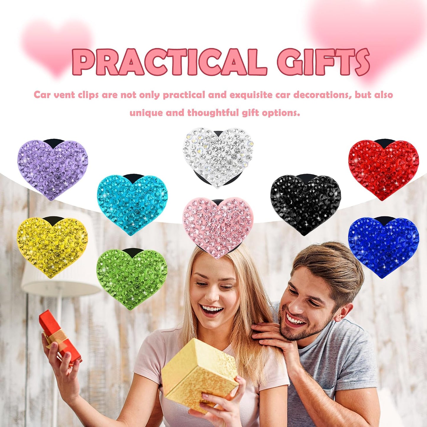 4PCS Heart-Shaped Car Vent Clips with Rhinestone,Bling Air Vent Clips Car Decorations,Premium Shiny Car Clips for Vents Accessories Interior (Yellow)