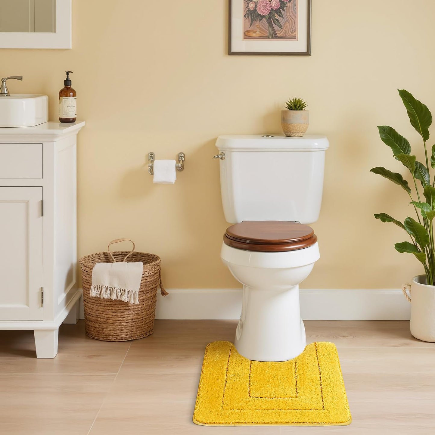 Bathroom Toilet Rugs U Shaped, Bath Mats for Bathroom, Bath Rugs Non Slip Washable, Absorbent Microfiber Toilet Mat, Soft Plush Shaggy Bath Carpet, 20" x 24", Yellow