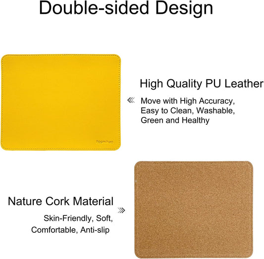 Leather Mouse Pad - Wood Mouse Pad, Double Side Mouse Pad with Stitched Edge, Waterproof Ultra Thin Mouse Pad for Computers, Laptop, Office & Home, 10.2 x 8.3 Inch, 1 Pack (Yellow)