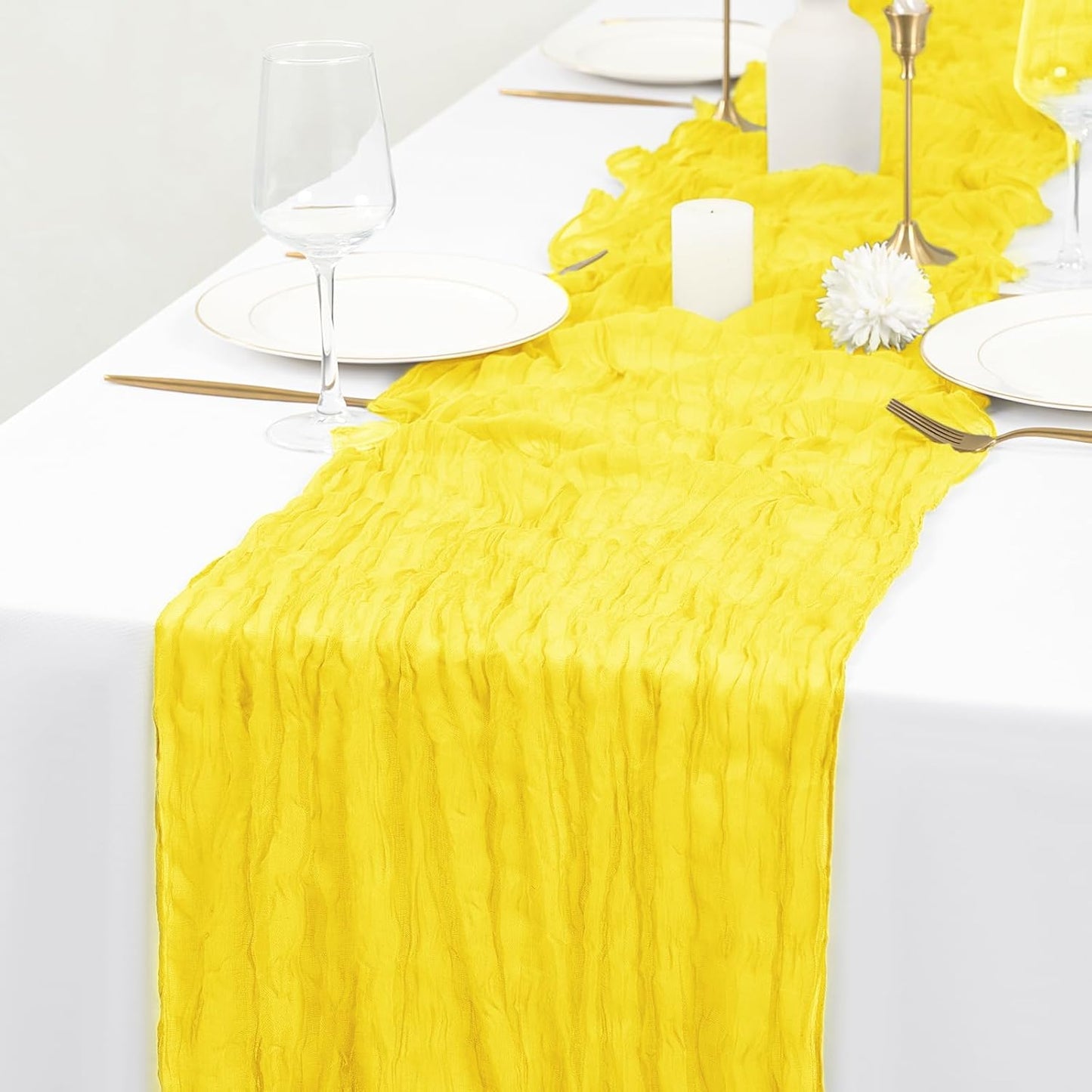 10 Pack Yellow Table Runner 10Ft Cheesecloth Table Runner Boho Gauze Table Runners Romantic Long Sheer Fabric Cheese Cloth Table Runners for Wedding Party Bridal Shower(Yellow)