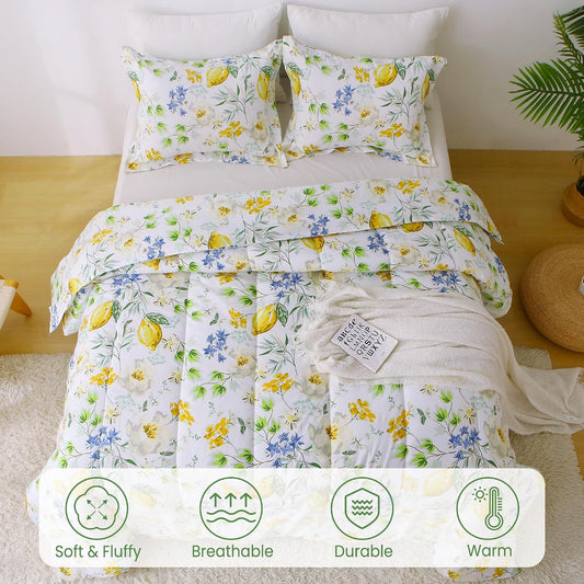 Floral Twin Size Comforter Sets, Lemon Blossoms Patterned Bed in a Bag for All Seasons, 2-Piece Farmhouse Rustic Bedding Set with Fluffy Quilted Reversible Comforter & Pillow Sham