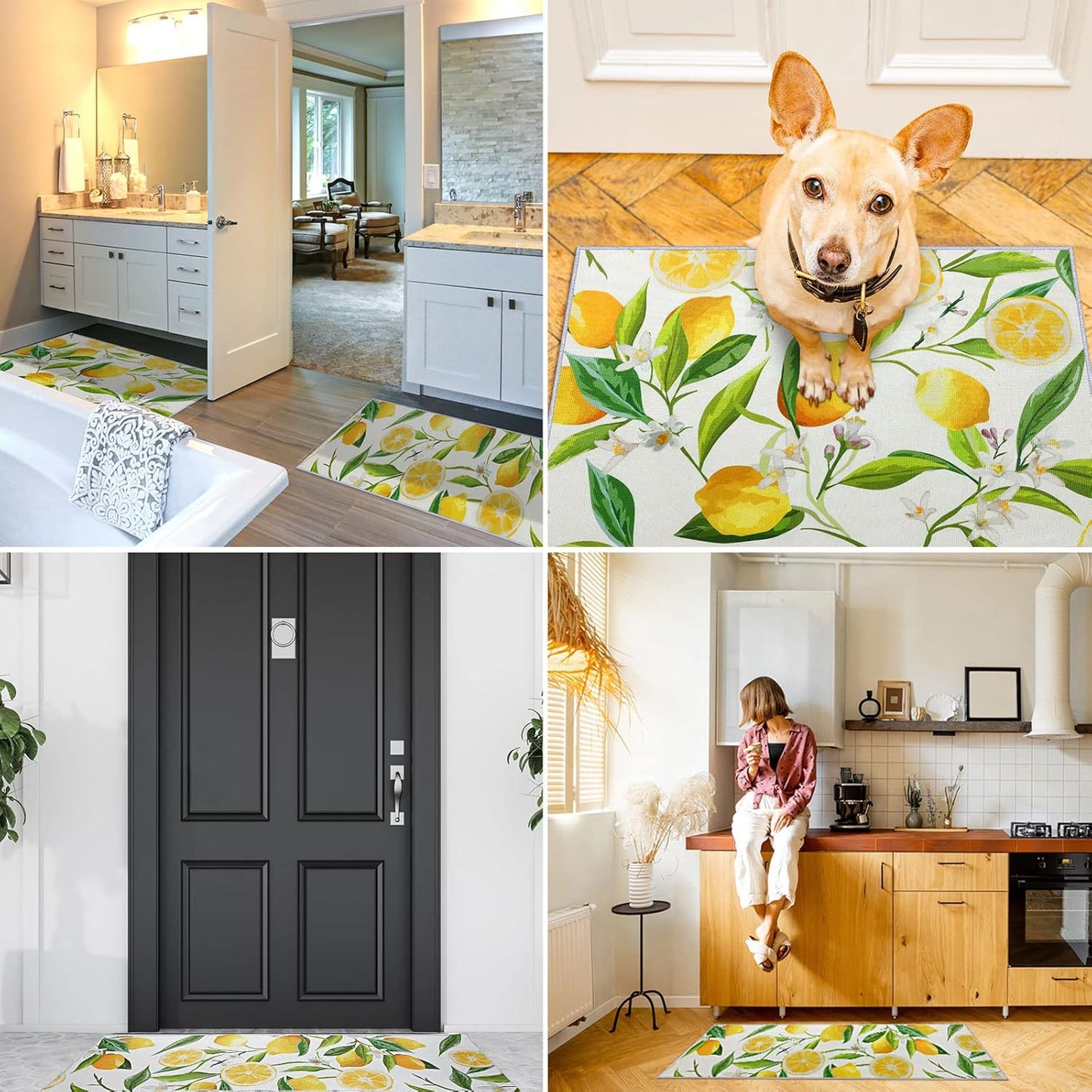 2 Pieces Lemon Kitchen Rugs Set Farmhouse Kitchen Rugs Fruit Runner Mat Non Slip Rubber Backing Area Mat Lemon Doormat Washable Indoor Outdoor Mats Country Decor, 17'' x 30'', 17'' x 47''