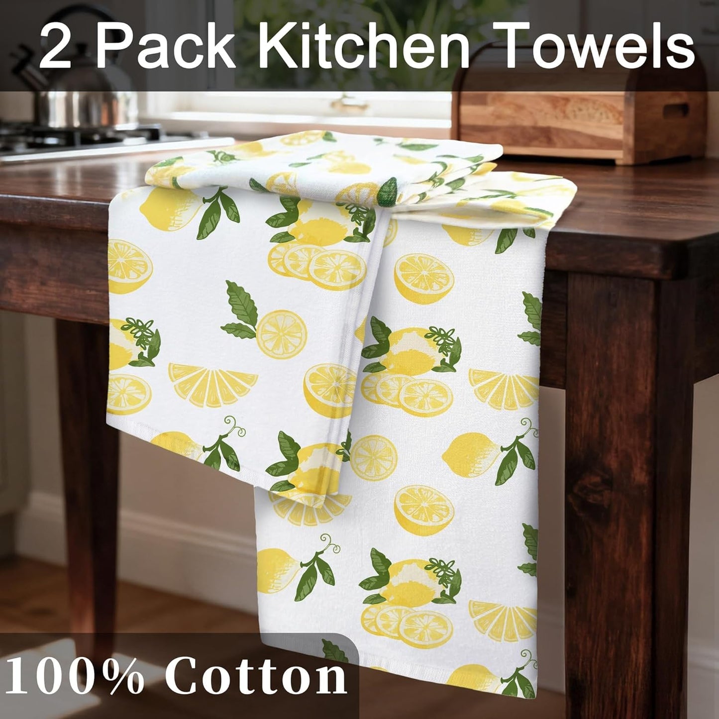 Lemon Kitchen Towels 2PC, 16"x26" - 100% Cotton | Soft | Absorb |Low Lint | Daily Use, Dish Towels for Kitchen