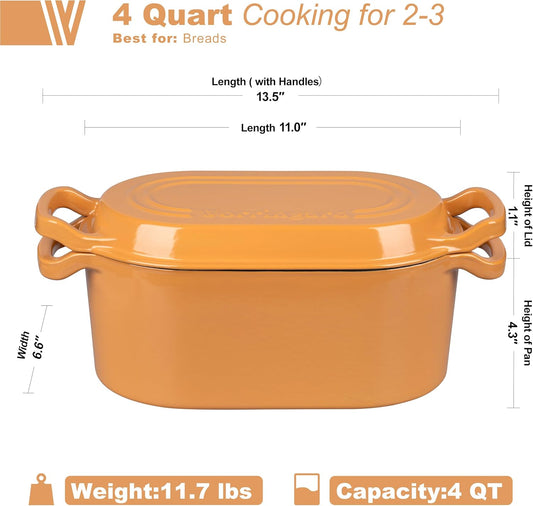 Oval Dutch Oven Pot with Lid, Enamel Coating Cast Iron Bread Pans for Homemade Sourdough Bread Baking, Cooking, 4 Quart, Yellow